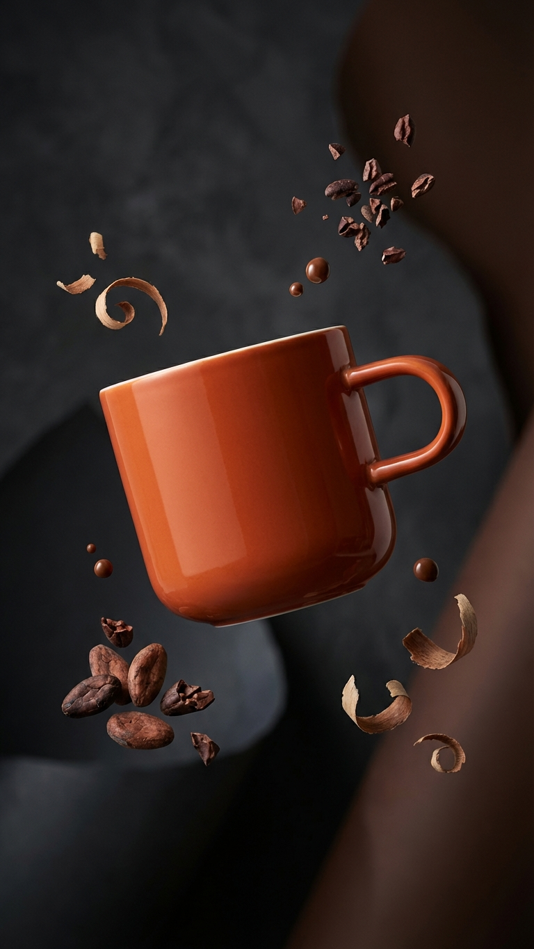 acme clay bobby mug with cocoa beans on a dark background.
