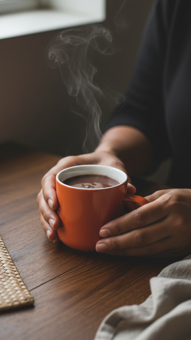 Person holding a steaming acme bobby mug clay on a wooden table.