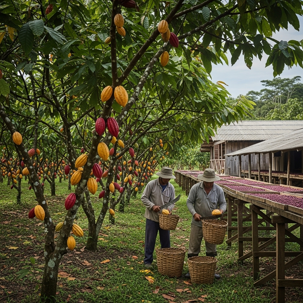 Cocoa farmers collecting cocoa fruits from trees in a lush green environment.