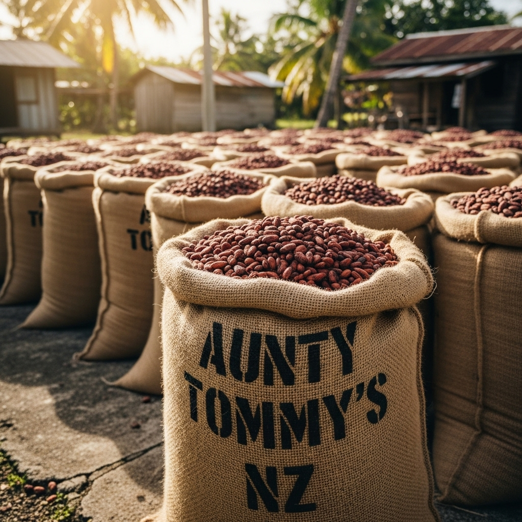 Bags of cocoa beans labeled &