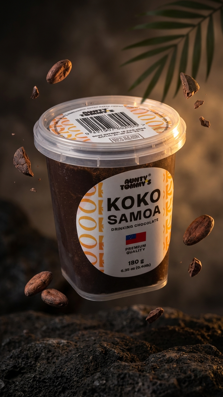 Container of Koko Samoa chocolate with cocoa beans on a dark background