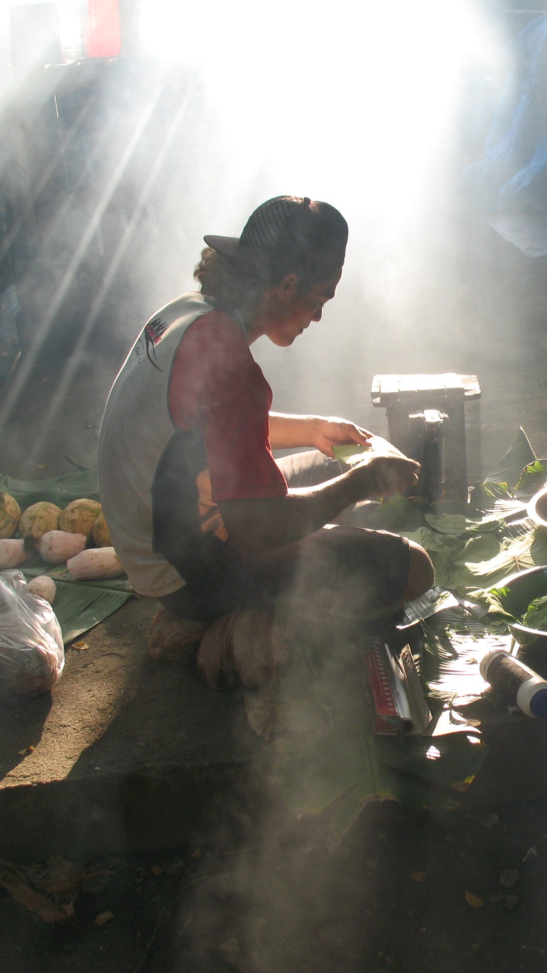 Preparing palusami at Vaiala in Samoa.