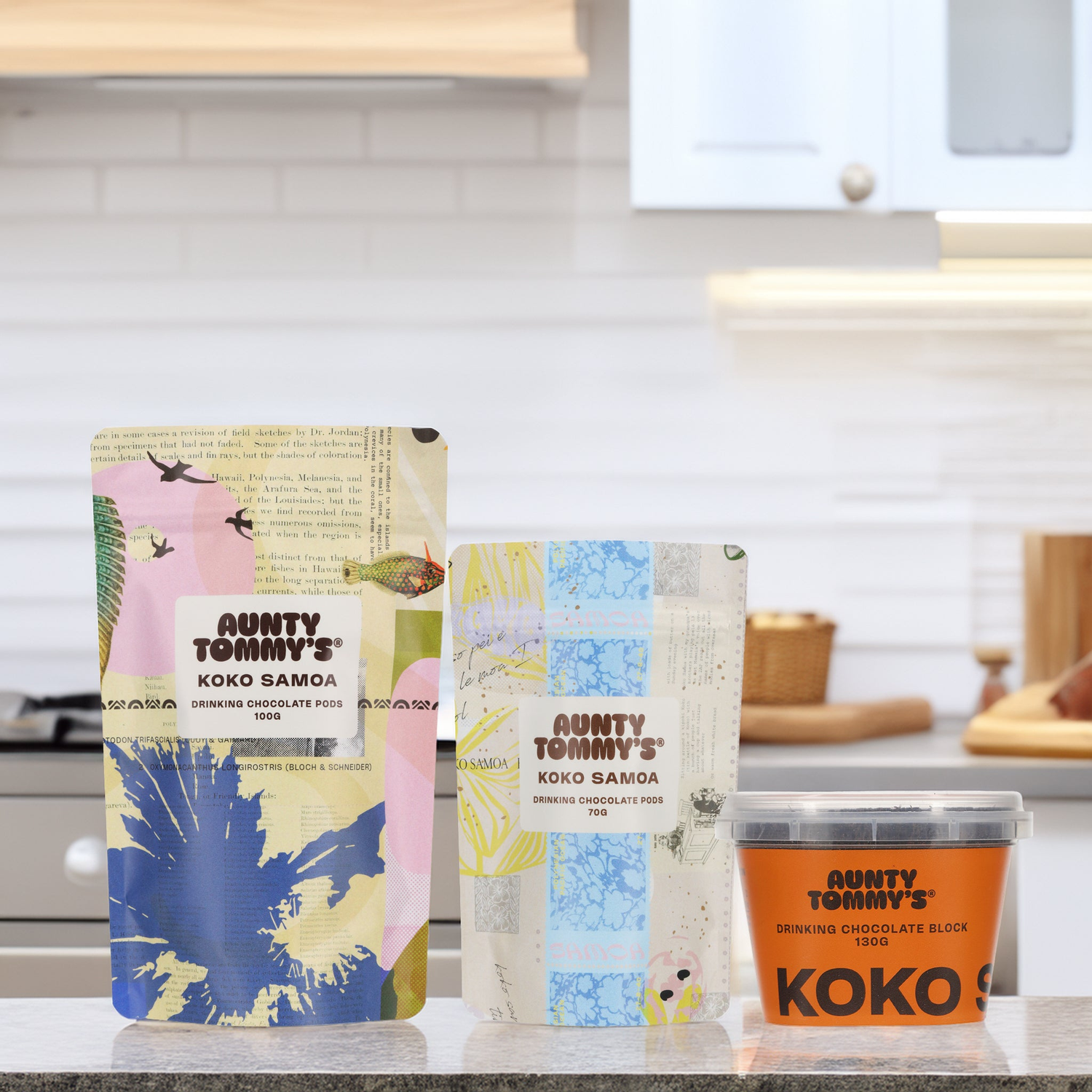 100g &amp; 70g koko pods, and 130g koko block on a counter