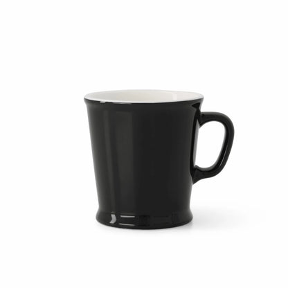 Black mug with white interior on a white background.