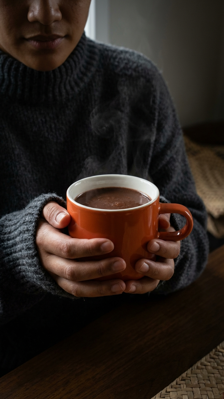 Person holding an acme bobby mug with a koko samoa beverage, wearing a dark grey sweater.