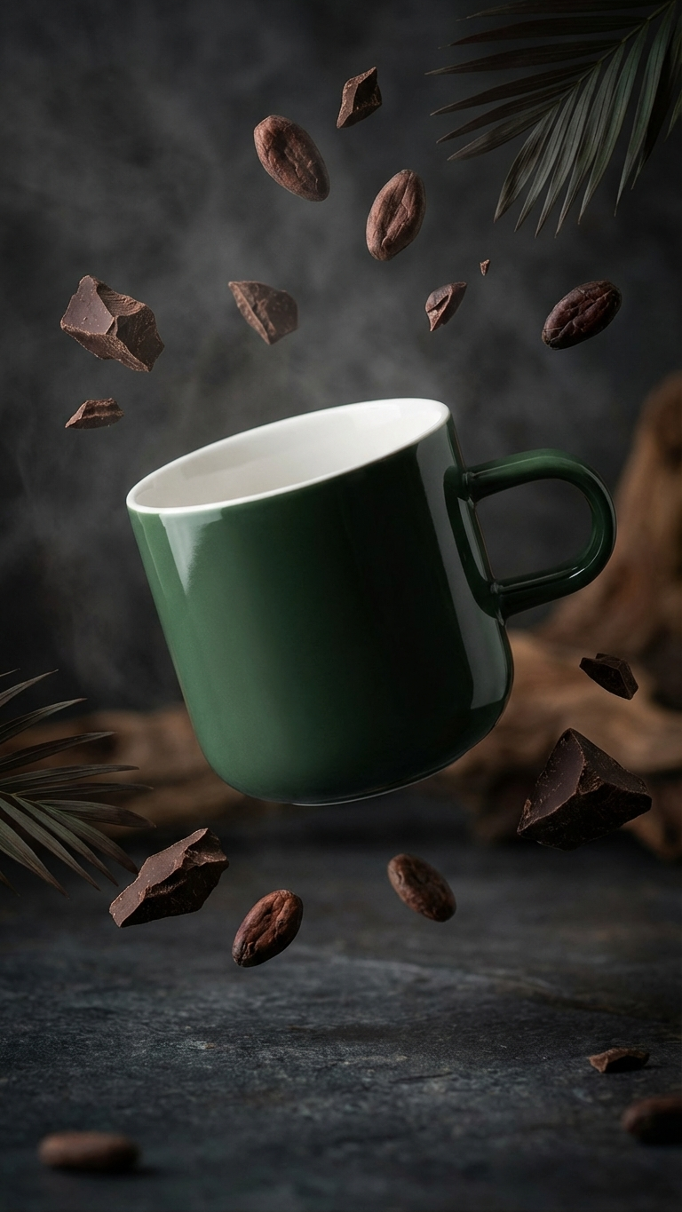 Green acme kokako kawakawa bobby mug with floating coffee beans on a dark background.