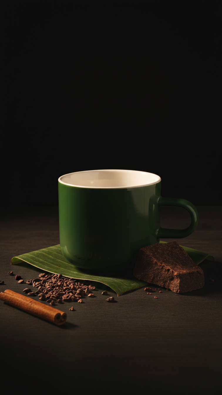 Acme Bobby Mug Kawakawa on a dark surface with Pacific cacao beans and a cinnamon stick — Aunty Tommy&