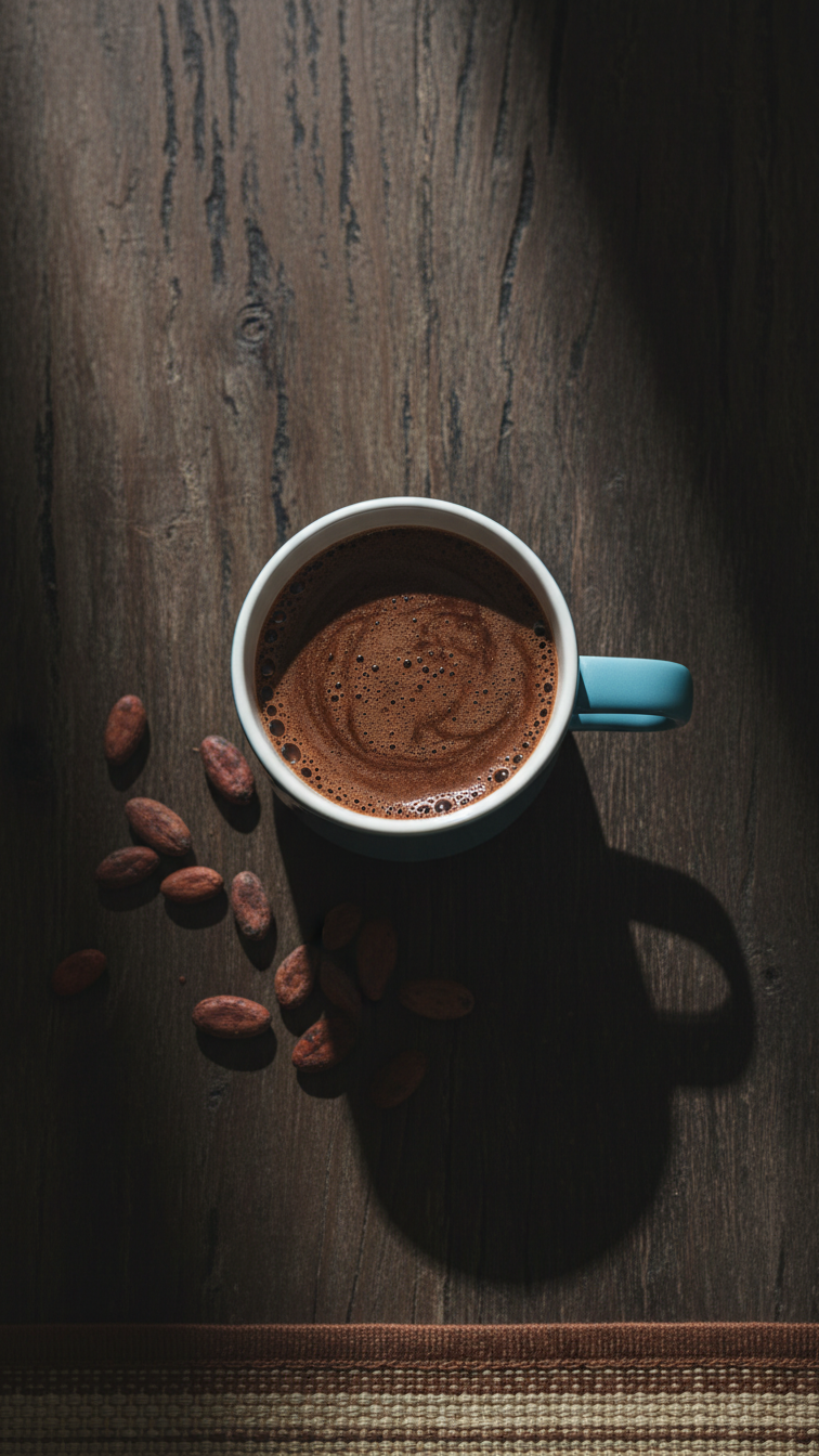 acme kokako bobby mug cup of hot chocolate with cocoa powder on a wooden surface.