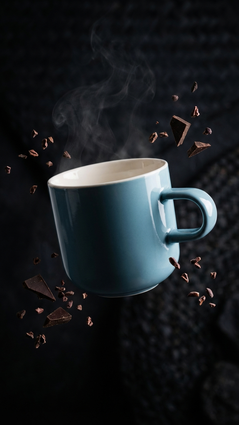 acme kokako bobby mug Blue with steam and chocolate pieces on a dark background.