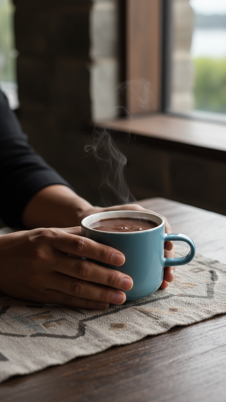 Person holding an acme kokako bobby mug blue mug of hot chocolate on a wooden table with steam rising.