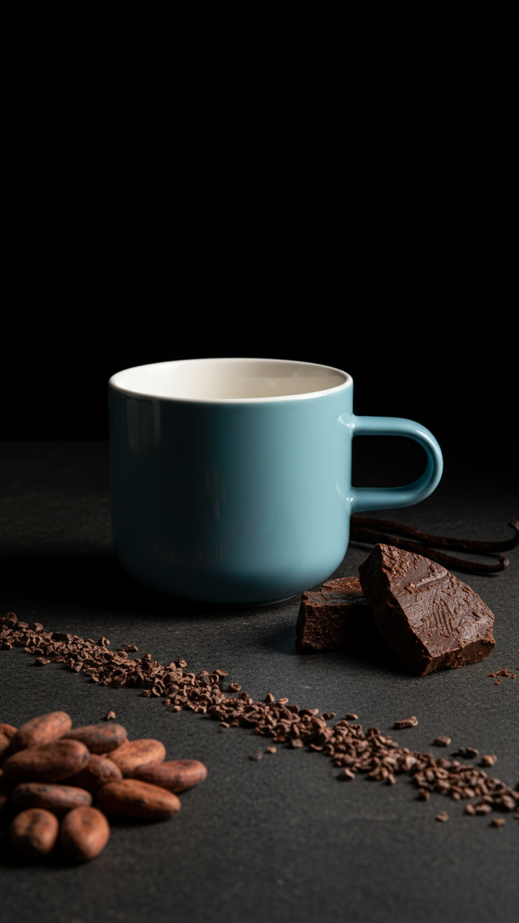 acme kokako bobby mug blue on a dark surface with cacao beans and chocolate pieces.