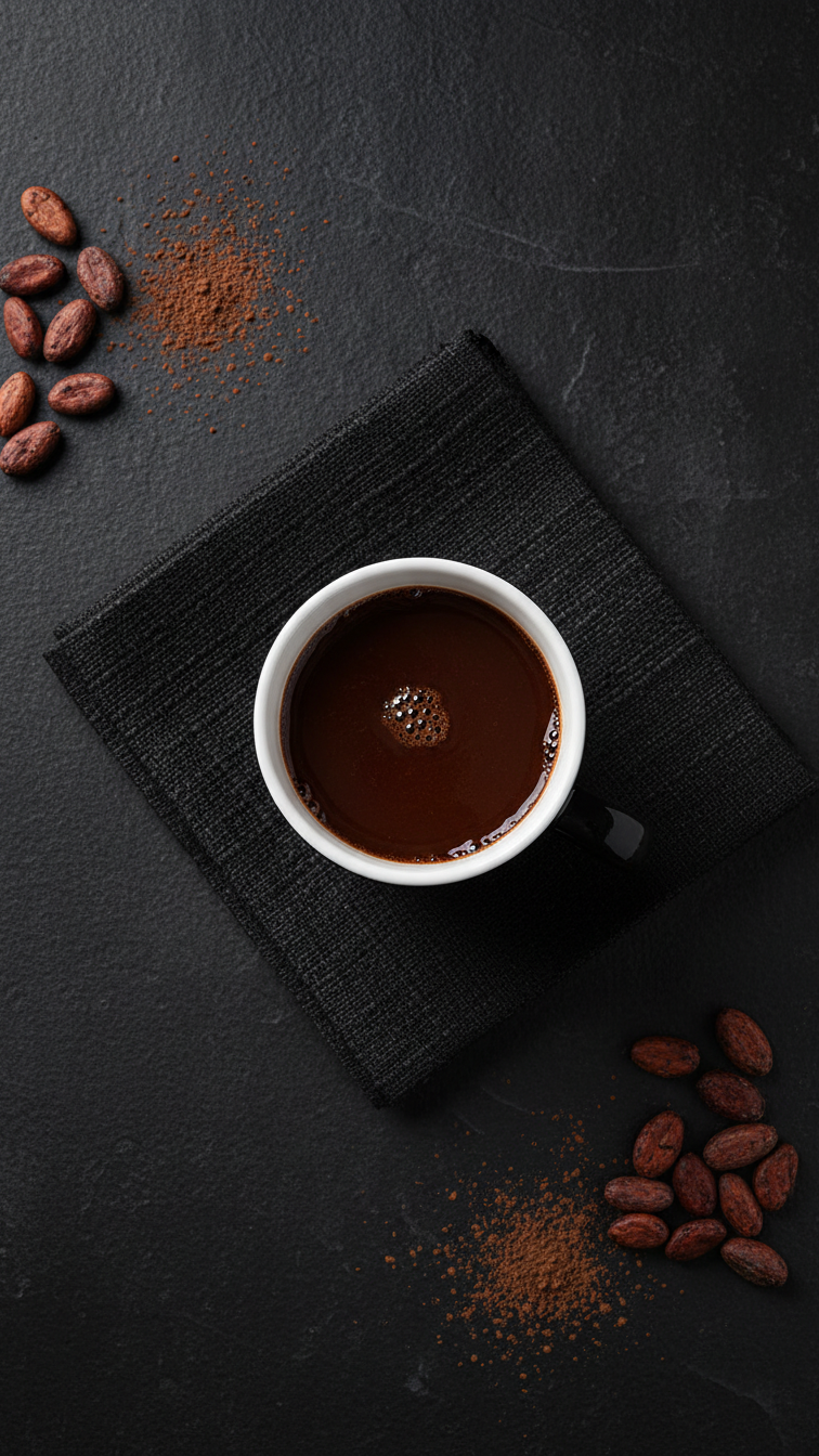 acme penguin union mug on a black napkin with scattered cocoa beans and grounds on a dark surface.