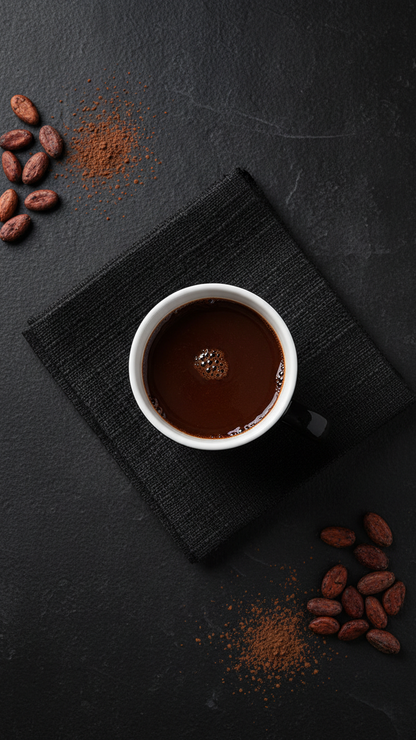 acme penguin union mug on a black napkin with scattered cocoa beans and grounds on a dark surface.