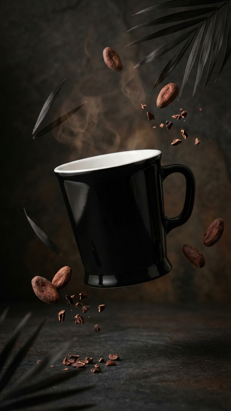 acme penguin union mug with cocoa beans and steam on a dark background.