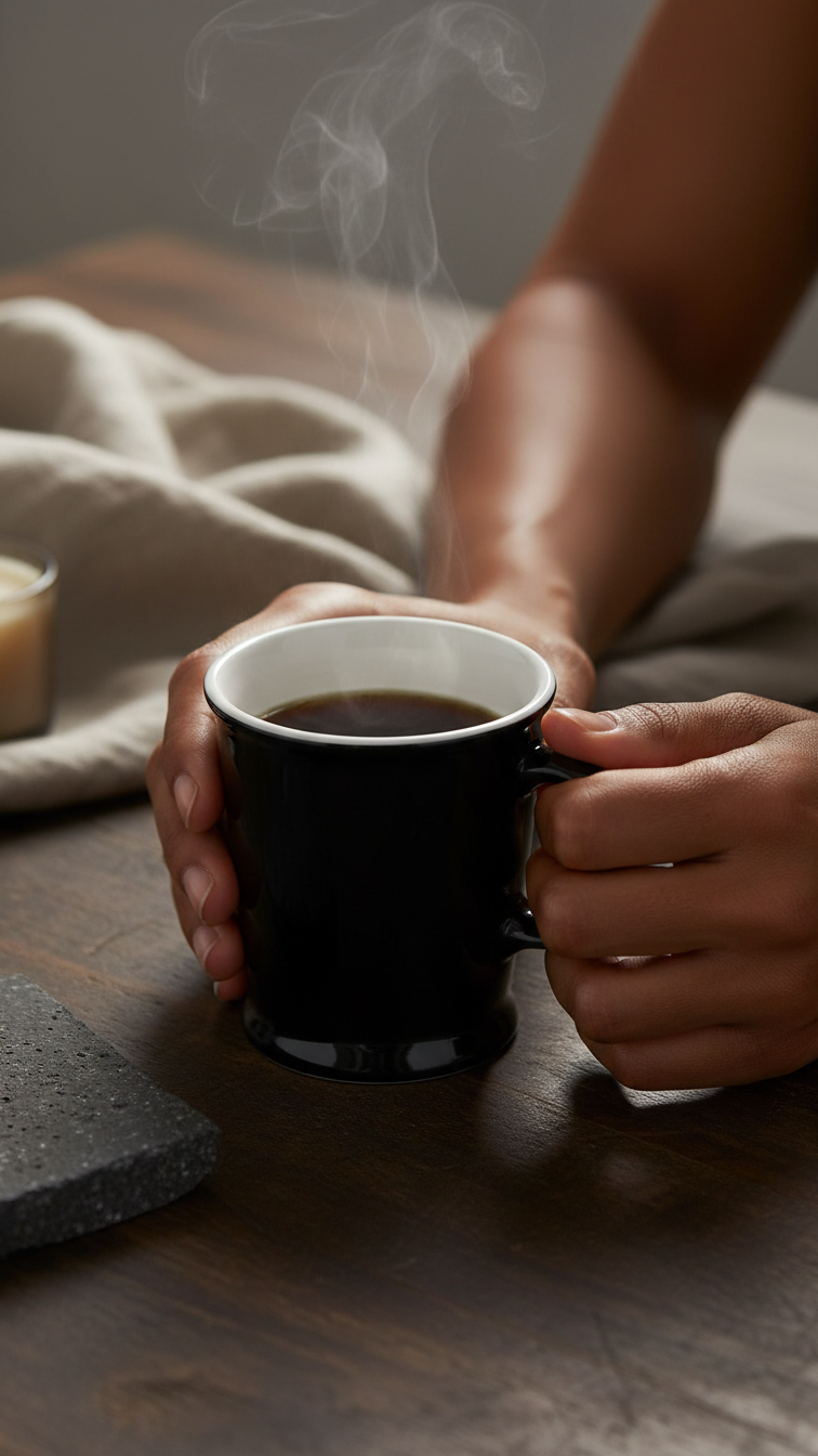 Person holding a steaming acme penguin union mug on a wooden surface with a soft focus background.