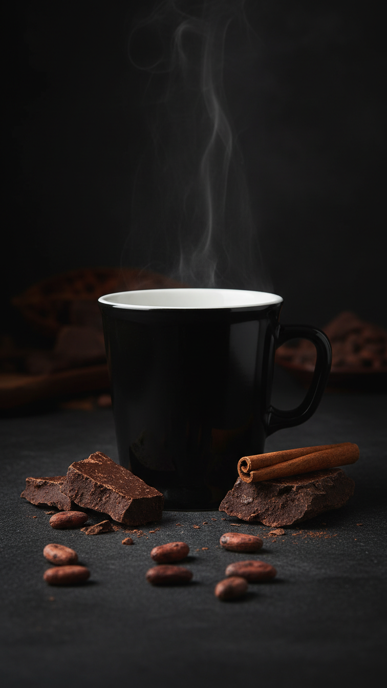 acme penguin union mug with steam, surrounded by cocoa beans and cinnamon sticks on a dark background.