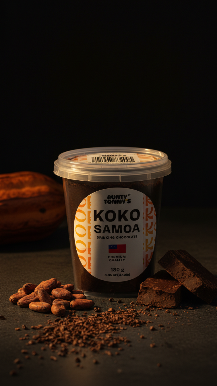 Container of Koko Samoa chocolate spread with ingredients on a dark background