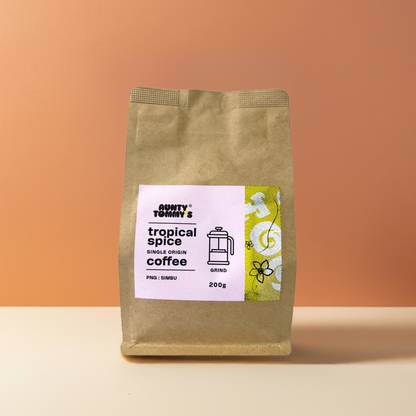 Tropical Spice Coffee pouch split two tone.