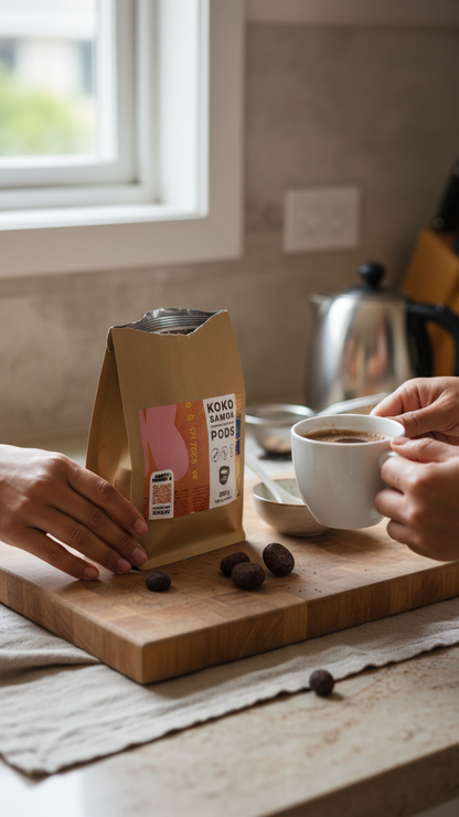 Person holding a cup of coffee next to a bag of coffee beans on a wooden cutting board.