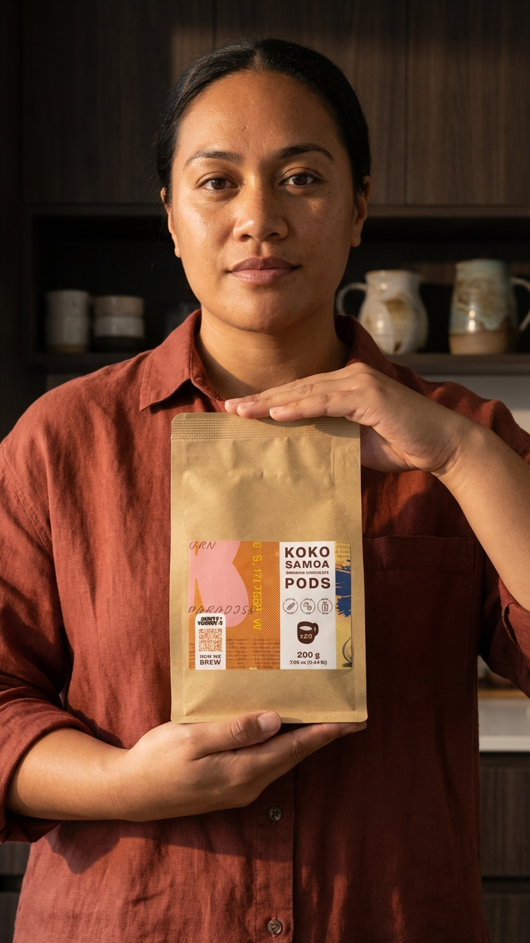 Person holding a package of Koko Samoa koko pods in a kitchen setting.