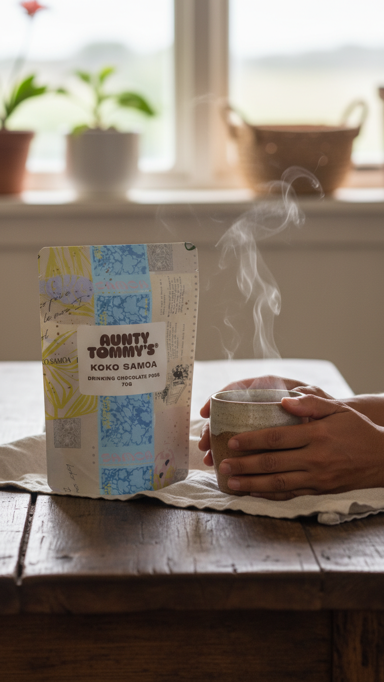 Person holding a steaming mug next to a bag of Aunty Tommy&